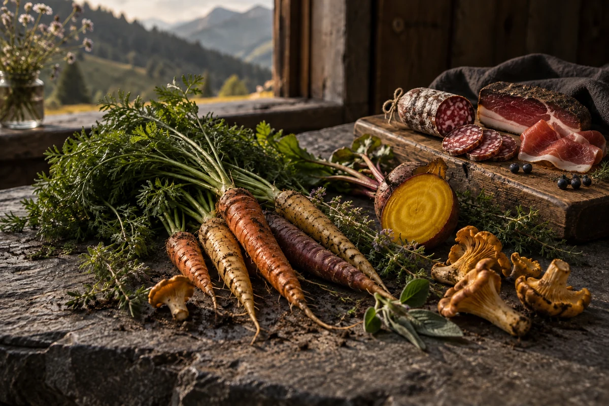 Illustration alpiner Zutaten: Gemüse, Pilze und Kräuter auf dunklem Stein, dazu gereifte Wurst und Speck auf einem Holzbrett, mit Bergen im Hintergrund.